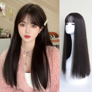OMQAIO Tự nhiên Tóc giả dài thẳng tiếng Hàn Thời trang Tóc giả có mái Ngọt ngào Tóc nối Tóc giả cosplay Lolita dành cho phụ nữ