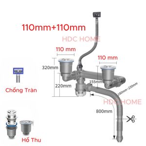 Bộ Xi phông Xả Nước Chậu Rửa Bát Chén Ngăn Mùi Chống Tắc Nghẽn Thoát Nước Nhanh Chóng
