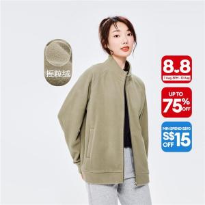 GIORDANO Women Sweatshirts Polar Fleece Stand Collar Warm Outerwear Zip Front Plain Color Casual Windproof Sweatshirts 05372863