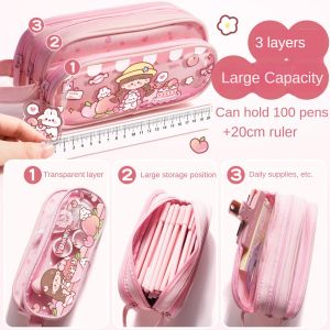 Pencil Case Portable 3 Layers Large Capacity Pencil Bag with Zipper Cute Stationery Box Waterproof Transparent Pencil Box