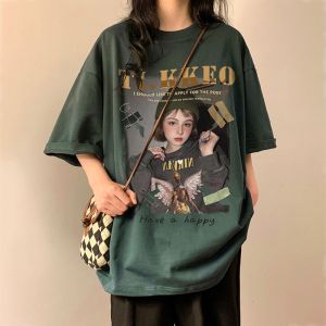 Korean Fashion Plus Size Womens American Print Loose Retro Large Short Sleeve T-shirt Black
