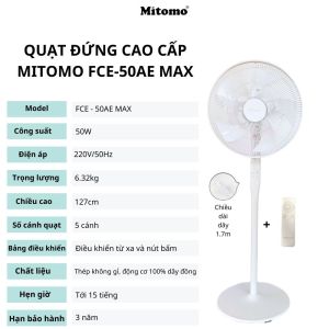 Quạt Cây Đứng Cao Cấp Mitomo FCE – 50AE/50AE MAX siêu êm có điều khiển từ xa – Bảo hành chính hãng 3 năm