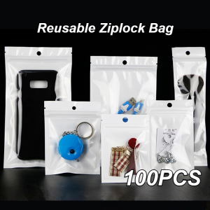 100PCS Flat Resealable Pouch White 3 Side seal Packaging Jewelry Nuts Snacks Packaging Storage