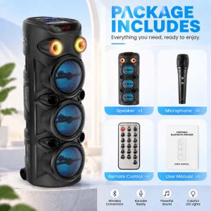 27 Inch Heavy Bass Karaoke Bluetooth Speaker with Dual Wireless Mic Portable Party Speaker RGB LED Light HiFi Stereo Subwoofer FM Radio USB AUX TF Card Voice Changer Echo Adjust Remote Control TWS for Home KTV Outdoor Family Gathering COD Ready Stock