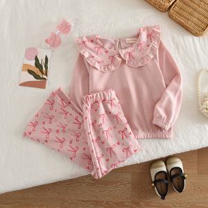 Bear Leader Autumn Long Sleeved Petal Lapel Bow T-shirt Top + Pants Two-piece Set Plain Checkered Print Sports Girls Clothes Korean Version