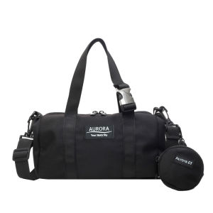 Sporty Barrel Handbag with Logo Patch and Removable Accessory Pouch
