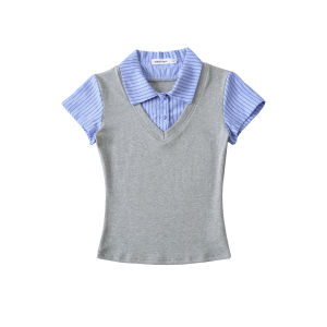 2025 Preppy False 2 pieces Lapel Striped Spliced Knitted Short Sleeve Tee Girl Slim Fit T-shirt Patchwork Pullover Crop Top2026