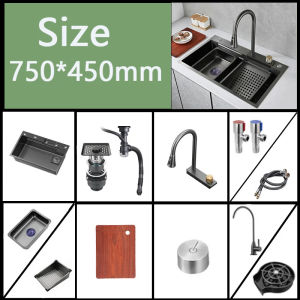 On Hand Kitchen Sink Pullout Faucet 3.0MM Thickness SUS 304 Stainless Steel Sink with Waterfall High Quality household Modern Sink Lababo Complete set Single Slot