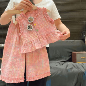 Bear Leader Girls Clothing Sets Pink Plaid Sleeveless Top + Wide Leg Pants Lace Two-piece Suit Summer Kids Fashion Outfits