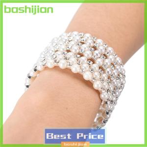 bashijian Pha Lê Ngọc Trai nhiều lớp rộng đàn hồi Cuff Vòng đeo tay vòng tay dây đeo cổ tay đồ trang sức