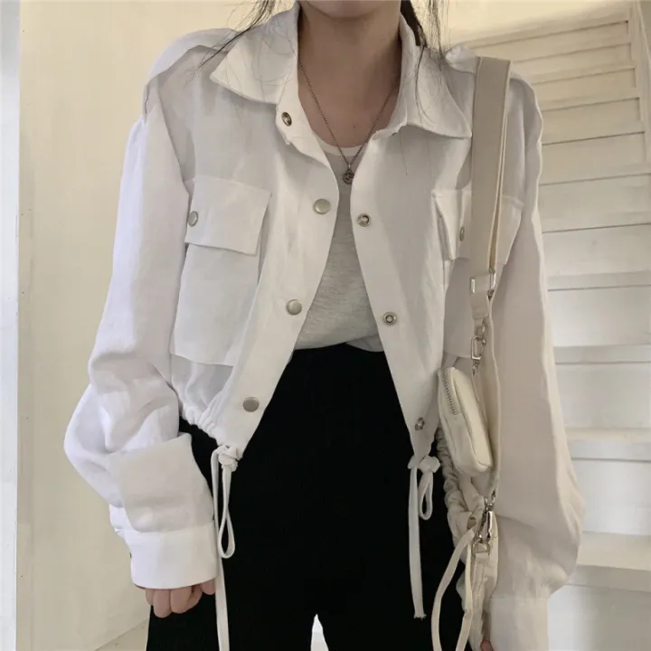 ZD Korean R Lapel Single-Breasted Loose Drawstring Waist Multi-Pocket Long Sleeve Work Short Jacket for Women