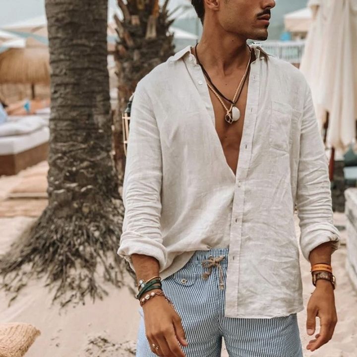 White Men's Summer Shirt Thai Cotton Casual Summer Hippie Beach