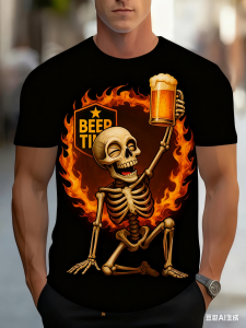 [Local Stock] VCC Funny Skull Printed Mens T-Shirts 3D Beer Pattern Short Sleeve Tops Summer Streetwear Casual O-neck Loose Tees Hip Hop Clothing