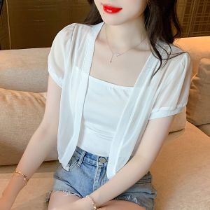 Impression Fashion Women Elegant Korean Plain Chiffon Short Sleeve Short Sun-protective Shawl Cardigan