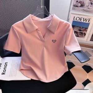 2024 Summer Womens Fashion Trend Pure Cotton Sweat-absorbing and Fashionable Irregular Shoulder Short Style Simple and Versatile Polo Neck Short Sleeve T-shirt