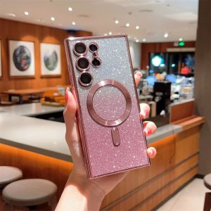 KISSCASE Flash Glitter Phone Case For Samsung S24Ultra S23+ S23 S22 Ultra S21 FE S24Plus For Magsafe Charging Electroplating Transparent Shockproof Cover