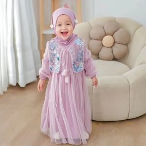 Jelita Kids Gamis Anak Set Hijab Usia 4 5 6 7 8 Tahun Lebaran 2026 Bahan Satin Velvet Premium Mix Brokat Tile Buat Kondangan Pesta Simple Elegan Warna Maroon Dusty Navy