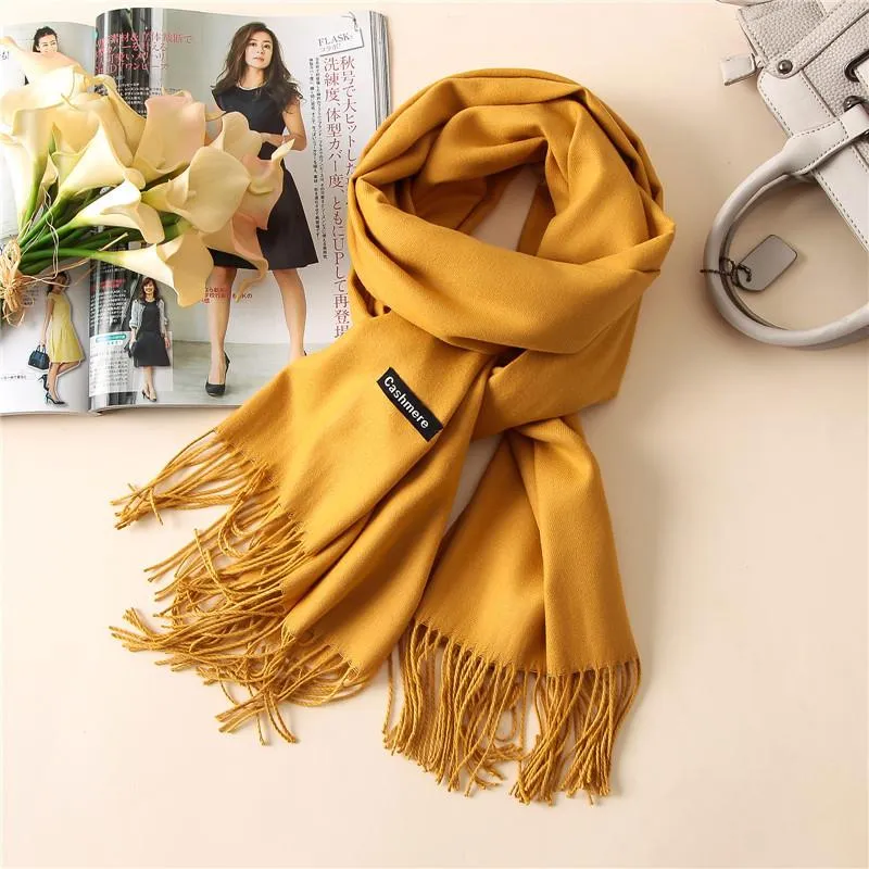 Jifang 200x70cm Autumn Winter Women Cashmere Solid Scarf Long Pashmina  Thick Plain Shawl Tassels Muslim Hijab Soft Scarves WJ06