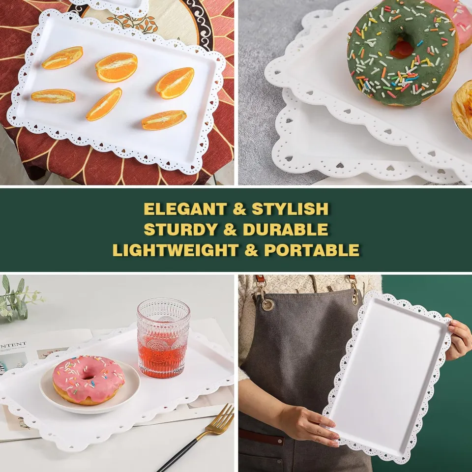 White Plastic Serving Tray with Lace Rim, Rectangle Food Trays, Disposable  Serving Platters and Trays