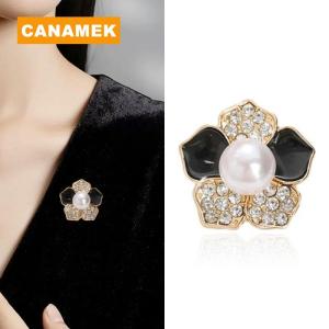 【CANAMEK】 Temperament Sophisticated Camellia Brooch High-end Womens Elegant Pearl Flower Brooch Metal Mourning Corsage Pin Coat Accessory