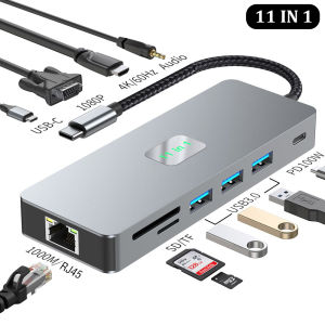 11in1/9in1/8in1/4in2 Type C Adapter To USB 3.2 Hub & 1000M Ethernet+HDTV(4k/60Hz)+VGA+Audio+PD+SD Card Reader
