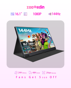 【Local Warehouse】ZOOMEDIN 16 Inch 1080P 144Hz FHD Ultra-Slim Portable Monitor for Laptop External monitorDual Speaker Extender Display.USB HDMI VESA with Smart Cover for LaptopPC Phone Xbox PS4/5 Switch【Delivered Whinin 72 Hours】