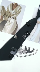 Students Women Adjustable Zippered Pre Tied Black Necktie Sequins Flower Embellished Elegant Neck Tie Neckwear