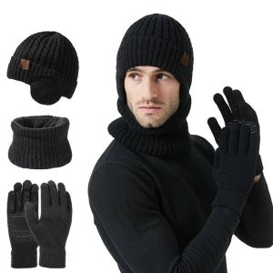 OURTOUR 3Pcs/set Warm Beanie Hat Scarf Soft Knitted Fleece Lining Scarves Winter Windproof Ear Protection Cap for Men Women