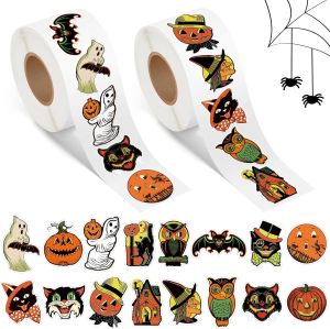 Halloween Vintage Sticker Rolls - 1000 Piece Christmas Gifts Retro Self-Adhesive Stickers with 16 Designs Including Pumpkin Black Cat Ghost Witche Decals for Notebooks Scrapbooking Laptop Cup
