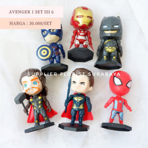 SFS - [1 SET ISI 6] MINIATUR KUE TART AVENGER IRON MAN CAPTAIN AMERICA THOR SPIDERMAN SUPERMAN BATMAN KAPTEN AMERIKA ACTION FIGUR MAINAN ROBOT REPLIKA THE AVENGER HULK HIASAN KUE TART CAKE DECORATION PAJANGAN ANAK KECIL ANAK LAKI KADO BOCIL