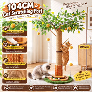 104CM Tall Cat Scratching Post for Active Cats & Kittens – Sisal Climbing Post Teaser Wand Toys Track Ball Grooming Brush