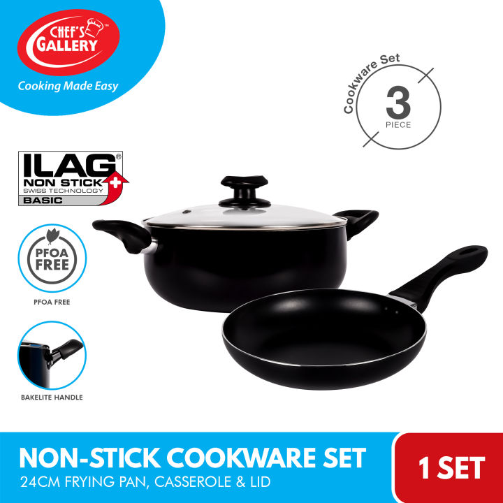 Chef's Gallery Ilag Non Stick Cookware Set 3pcs 24cm Frying Pan, 24cm Casserole & 24cm Glass Lid (Not Induction Ready)