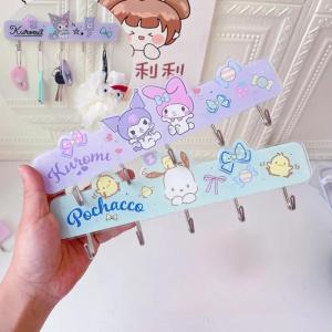 Sanrio Multi Row Hook Kawaii My Melody Kuromi Acrylic BedroomKitchen Wall No Punching with Adhesive Anime Character Accessories