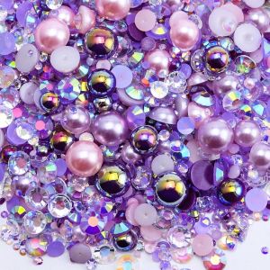60g Mix Flatback Pearls and Flatback Rhinestones for Crafts 2mm-10mm Pearl Rhinestones for Nails Face Art Tumblers Jelly Rhinestones and Half Pearls with Tweezers Wax Pen White Red Blue