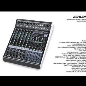 Mixer Ashley MDX6 8 Channel Asli dengan Fitur Reverb 199 DSP Edit A Edit B Kontroler Audio Profesional untuk Penggunaan di Studio atau Panggung.