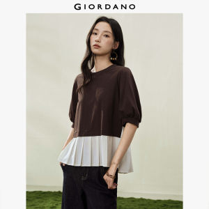 Giordano Women Knit woven pleated round neck five-quarter sleeve T-shirt - High Quality Free Shipping 18326608