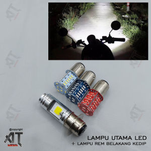 lampu led motor depan + lampu rem stop belakang kedip 1set