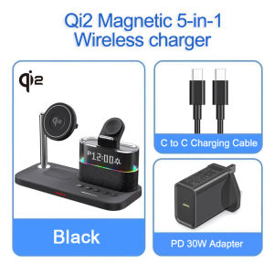 ZUZG 5-IN-1 Qi2 Wireless Charger with Alarm Clock for Apple Wirelss Charger Stand for iPhone 17/16/15/14/13/12 Series Apple Watch Series 10/9/Ultra 2/8/7/SE/SE2/6/5Air-Pods 4/3/Pro/2 Wireless Charging Station