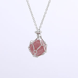 ASRV Natural Crystal Net Bag Pendant Metal Bamboo Necklace Irregular Rough Stone Rolling Stone Pendant Jewelry