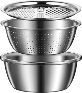 Germany Multifunctional Stainless Steel Basin 2026 New 5-in-1 Germany Stainless Steel Shredding & Drainage Chopping Basin Kitchen Grater Set Strainer and Drain Basket Set (11"/28cm)