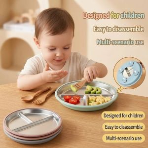 3 IN 1 Baby Feeding Set Silicone Plate with Wooden Spoon Fork Toddler Dining Tableware Kit