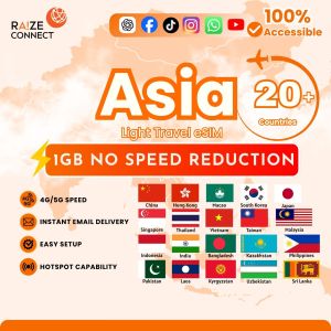 Asia 20+ countries eSIM | Japan + Korea + China Included | 1GB Light Travel Data Plan | Perfect for Short Trips | Raize Connect
