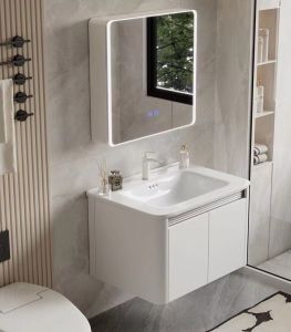 Tủ chậu gương lavabo phòng tắm CT02 Gương Led nhựa PVC cao cấp siêu bền đẹp kích thước mặt lavabo 50x80 cm
