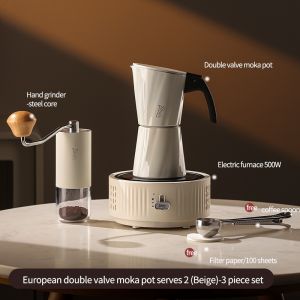 BINCOO Double Valve Moka Pot with Electric Stove Set Household Coffee Maker & Manual Coffee Grinder Set 2Cups