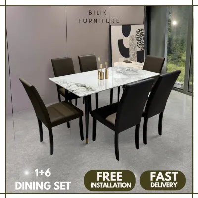 Bilik Furniture -Sintered stone Dining set/ 1+6 or 1+8 dining set/ firestone/ Dining table//Pu Leather Chair/Heat resistant /Seratch resistant