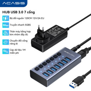 Hub USB mạnh mẽ của ACASIS - Hub dữ liệu ACASIS 7 cổng 36W USB 3.0 12V/3A với Bộ tách công tắc bật/tắt riêng lẻ Hỗ trợ chức năng điều khiển nhóm AC-HS707