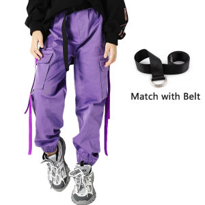 Rolanko Jogger Cargo Pants for Kids Girls Casual Trousers Children Loose Street Hip Hop Dance Bottoms Costume Pueple 4-14 Years