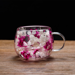 LULU 2 Layer Mug Double Wall Glass Heat Resistant Drinkware Clear Glass Coffee Moka Cup Creative Dried Flowers Valentines Day Gift