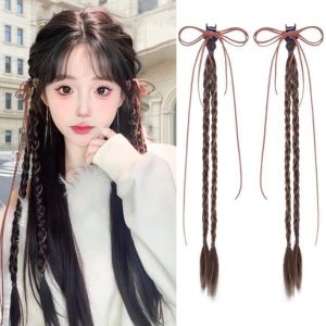 BAIXL 2Pcs Boxing Braided Brown Bowknot Ponytail Double Ponytail Ballet Style Twist Braid Wig Hair Accessories Gentle Pony Tail Hairpiece for Women