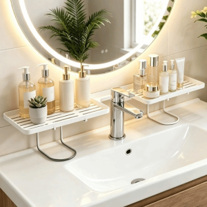 FLEURS Water Drainage Bathroom Storage Rack Non-punching Universal Faucet Storage Shelf Multi-functional Mesh Kitchen Drainage Holder Bathroom Toilet